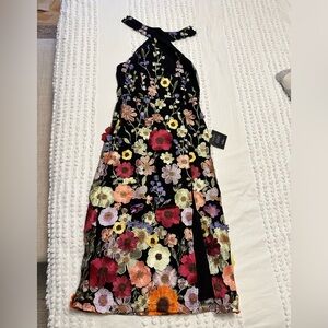 Black 3D Floral Embroidered Halter Midi Dress